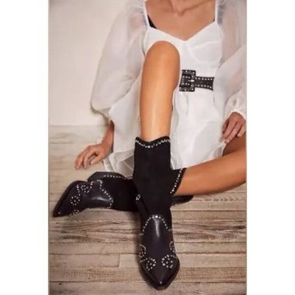 Free People Jaxon Studded Brown Leather Pointed Toe Western Boots EU38.5 - Picture 1 of 8